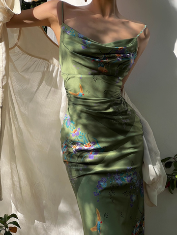 Green Simple Sheath Spaghetti Strap Print Floral Satin Prom Dress Evening Dress Formal Gown HZ1023